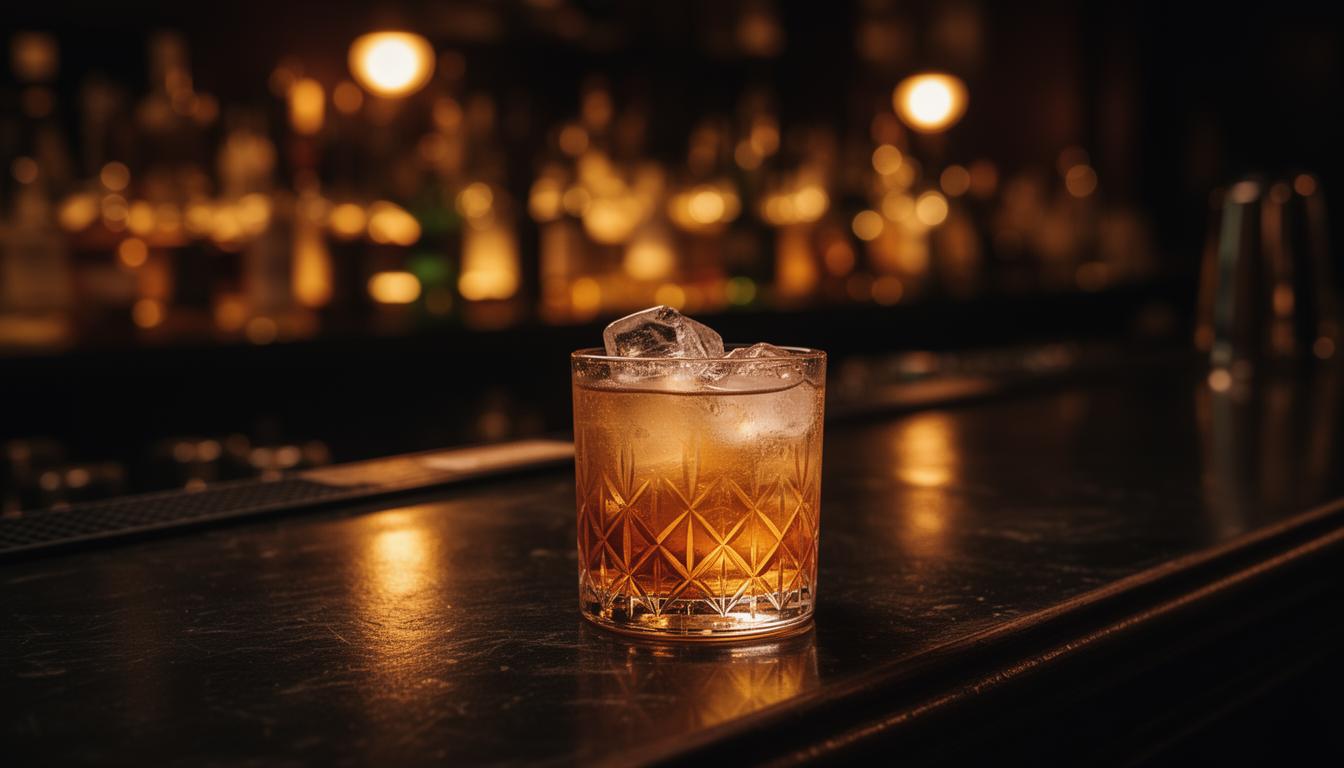 Cocktail in a softly lit bar setting